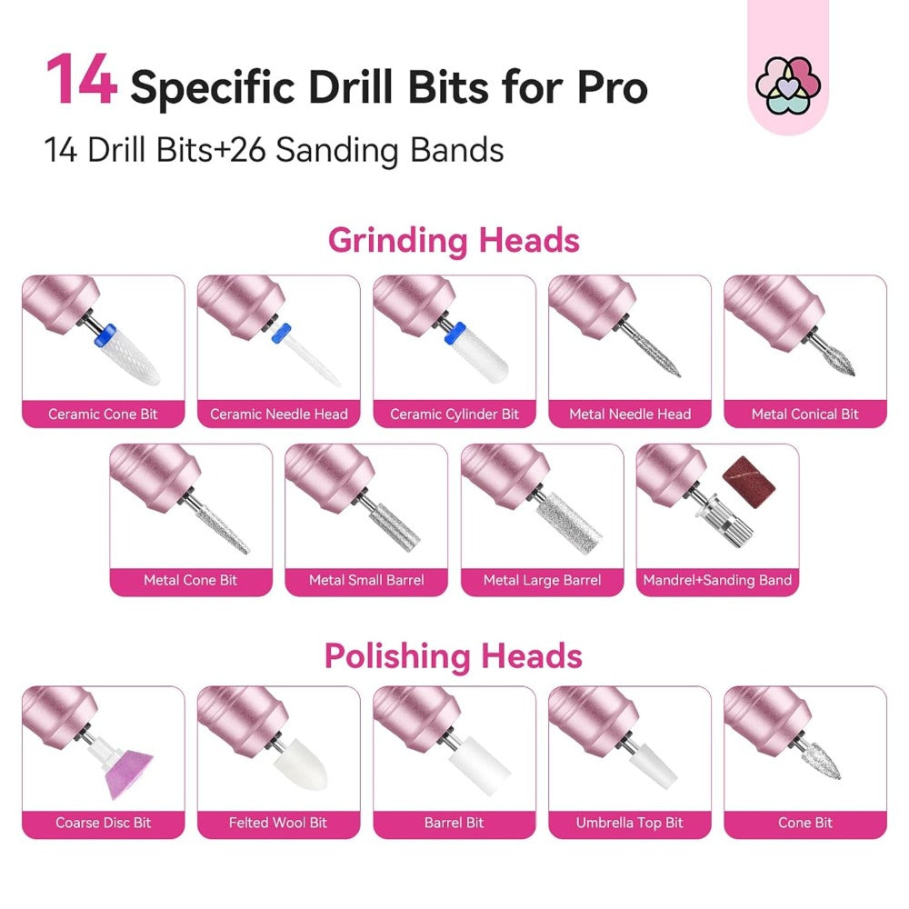 Electric Nail Drill 40000 RPM Rechargeable Professional Nail Drill Machine 4000mAh Battery LCD Display Ceramic Bits Sanding Bands