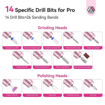 Electric Nail Drill 40000 RPM Rechargeable Professional Nail Drill Machine 4000mAh Battery LCD Display Ceramic Bits Sanding Bands