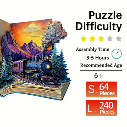 Galloping Train Wooden Jigsaw Puzzle with Book-Style Scene and 5.7 or 11.2 Inch Size Options