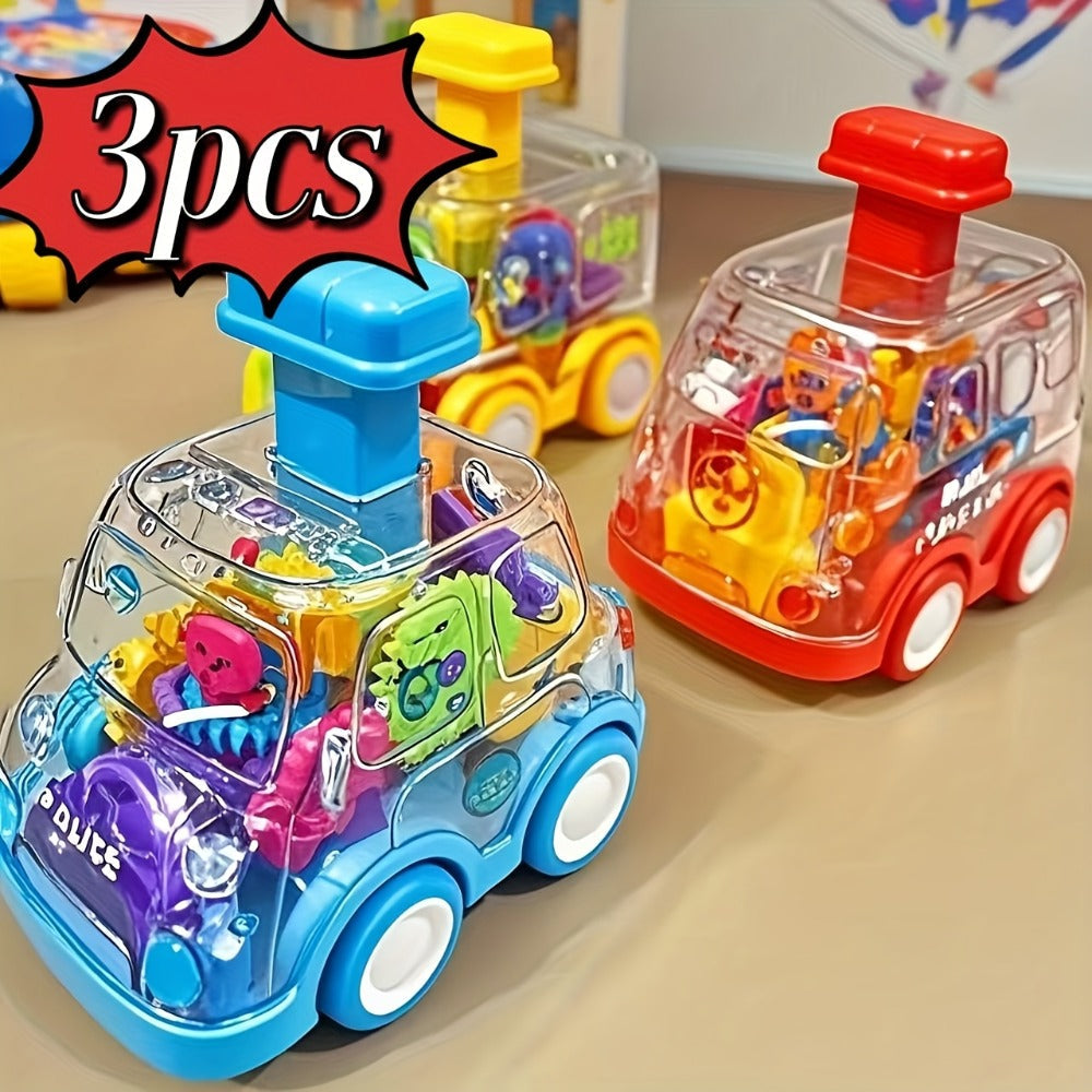 Gear Toy Cars for Toddlers 3-Pack, Transparent Body See-Through Gear Mechanism Push-and-Go Vehicle Set