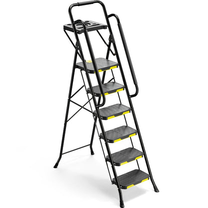 6 Step Ladder with Handrails & Tool Platform, Folding Step Stool Wide Pedal Steel Safety Ladder for Adults