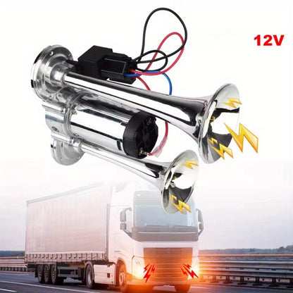 Dual Trumpet Air Horn Kit 12V 110dB – Super Loud Electric Horn with Compressor, Chrome Zinc-Alloy, Universal Fit for Car Truck SUV Boat