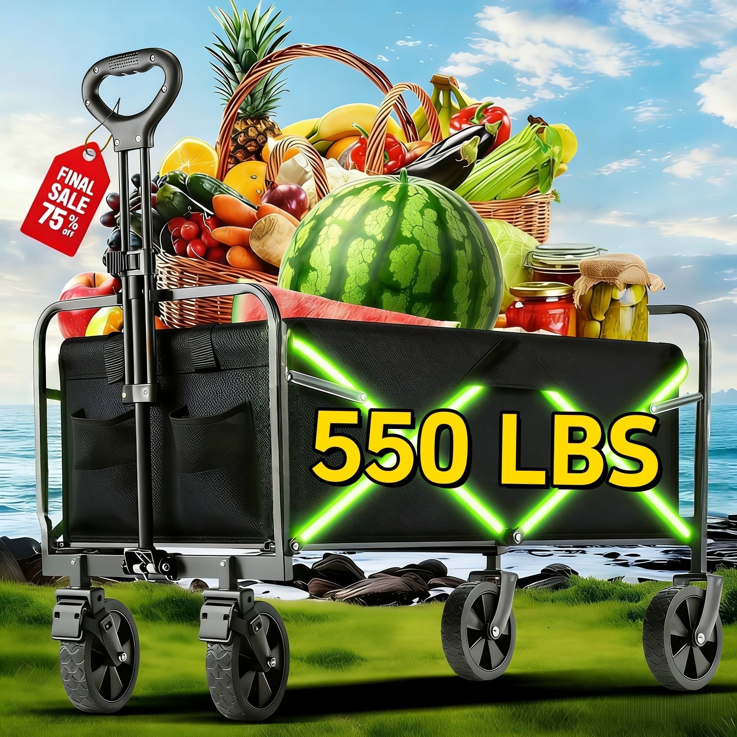 Folding Wagon, Garden Cart Beach Wagon Camping Utility Outdoor Cart for Garden, Patio and Yard Use