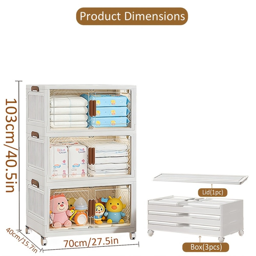 Stackable Foldable Storage Cabinet with Door, PP Plastic 1/2/3/4/5 Layer Organizer Box with Wheels & Cover