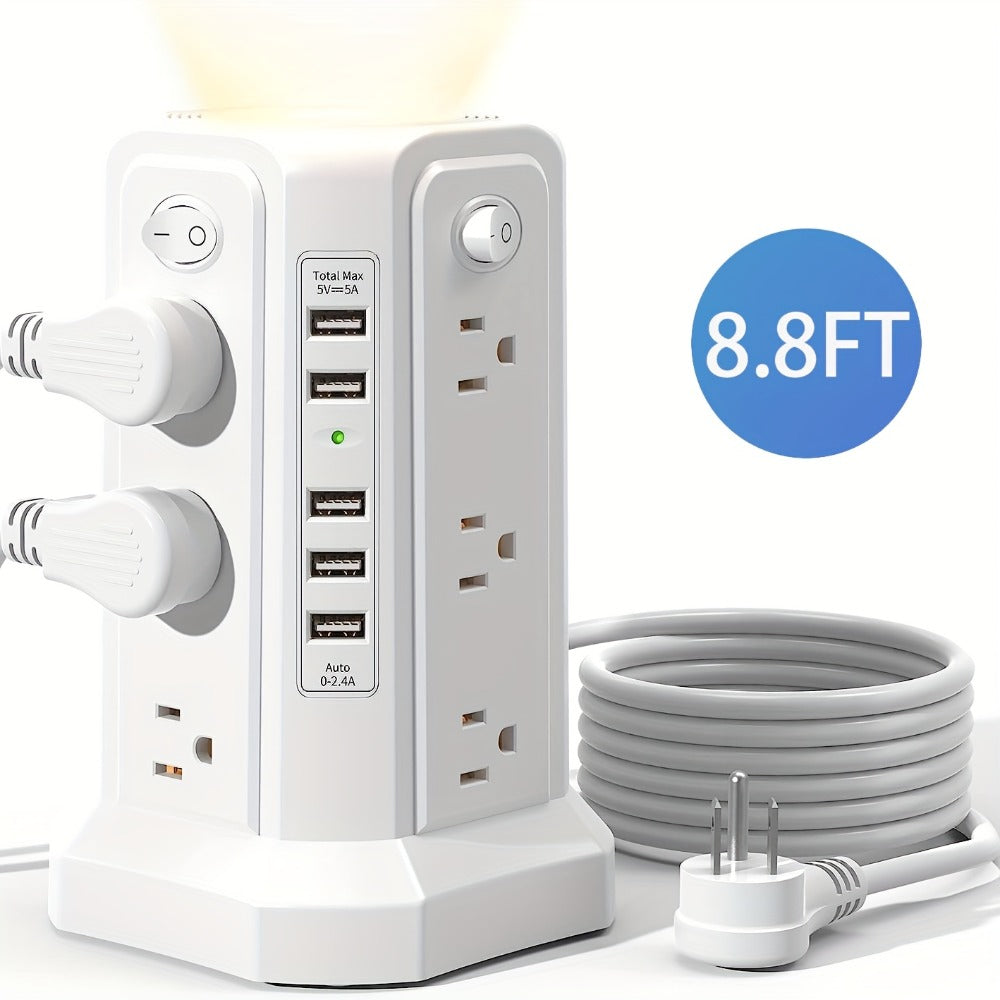 Surge Protector Power Strip Tower with 12 AC Outlets 5 USB Ports 8.8FT Extension Cord Night Light for an Everyday Personal Care Routine