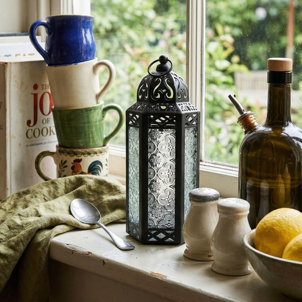 Moroccan Candle Lantern Holder - Decorative Metal & Glass Lantern with Embossed Floral Design for Indoor Home Decor