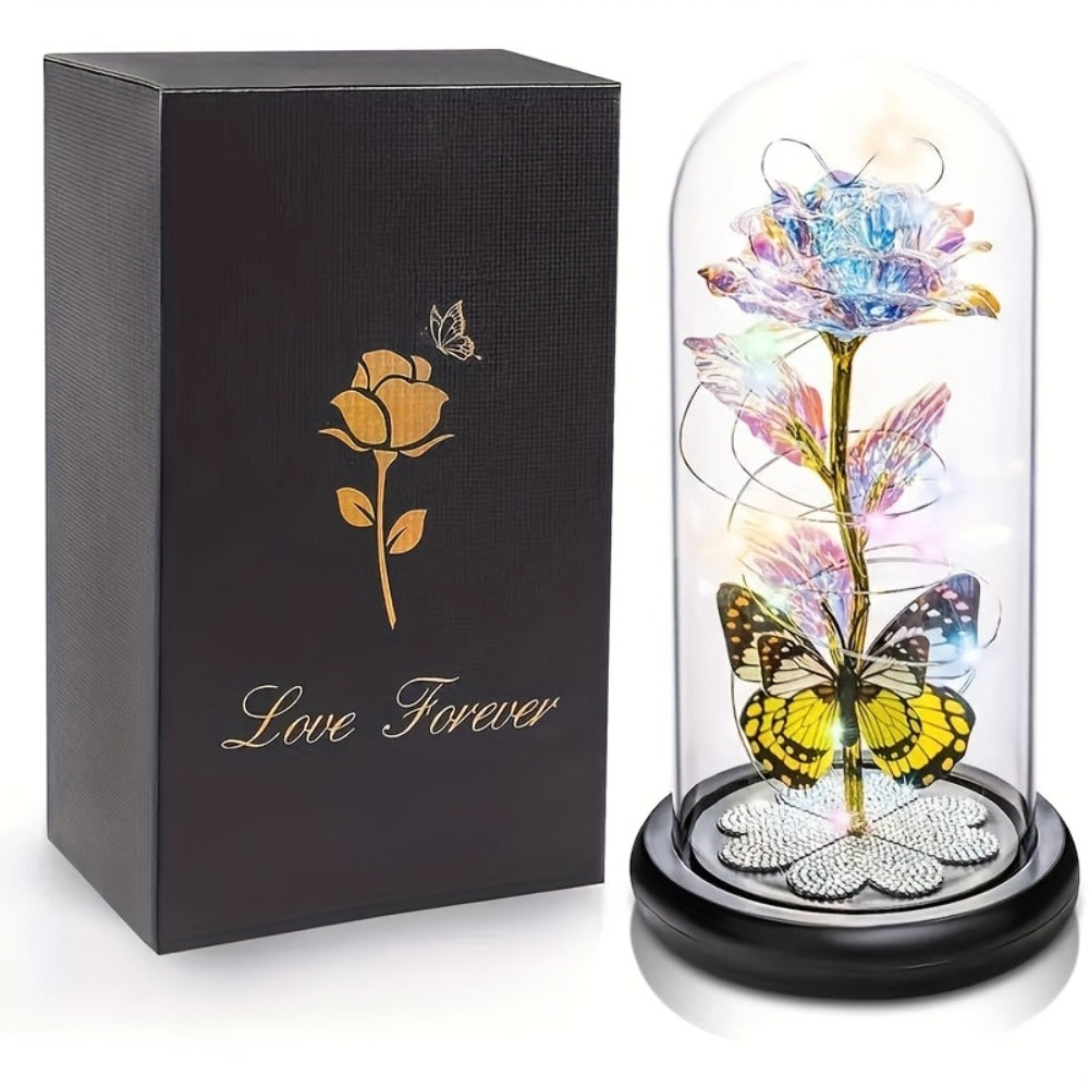 Glass Rose Crystal Flower in Glass Dome with LED Glow - Eternal Galaxy Rose Gift for Women, Mom, Wife