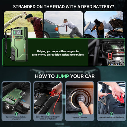 Green Jump Starter and Tire Inflator Enhanced Version with Digital Pressure Display and Clamp Leads