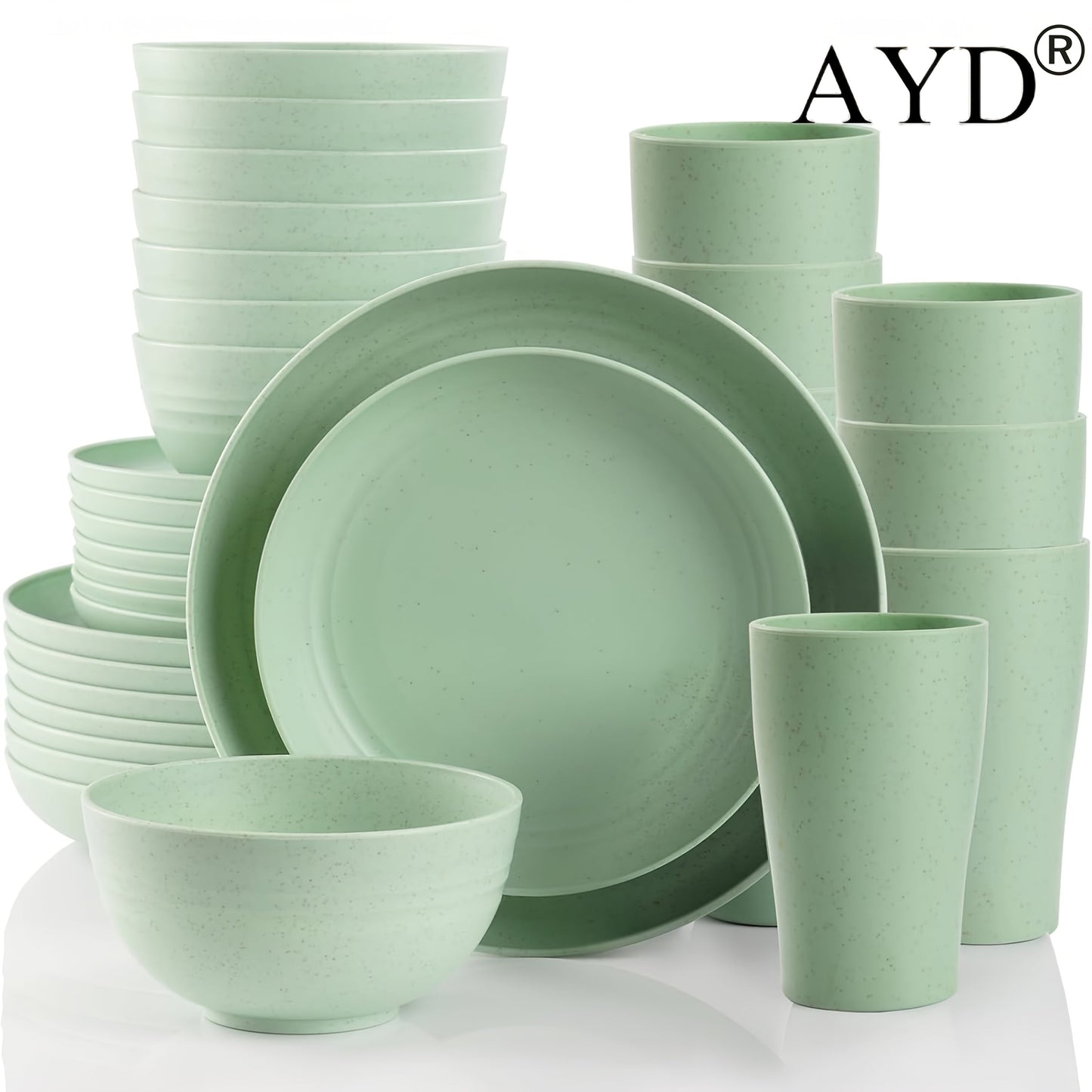 Wheat Straw Dinnerware Set 16 or 32 Piece – Plates & Bowls for 4 or 8 People, Microwave & Dishwasher Safe Plastic Dish Set