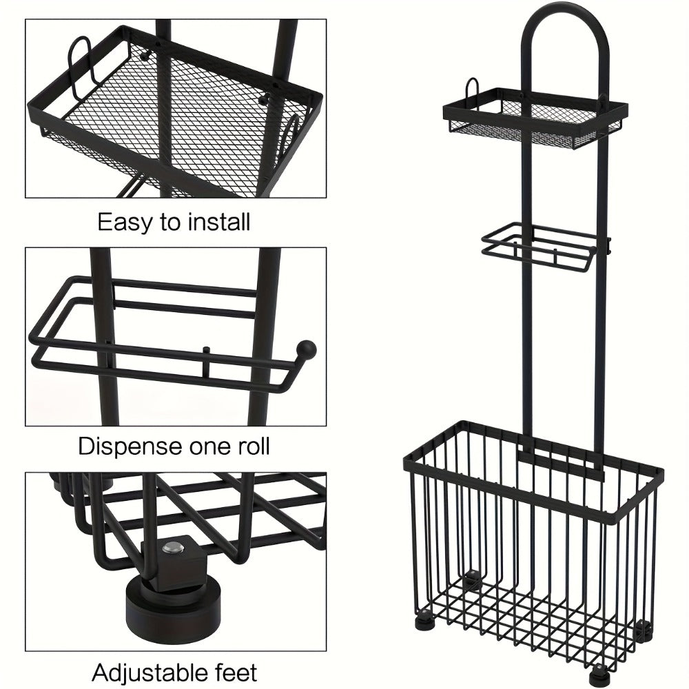 Freestanding Toilet Paper Holder with Rectangular Six-Roll Storage Basket, Upper Shelf and Pack Options