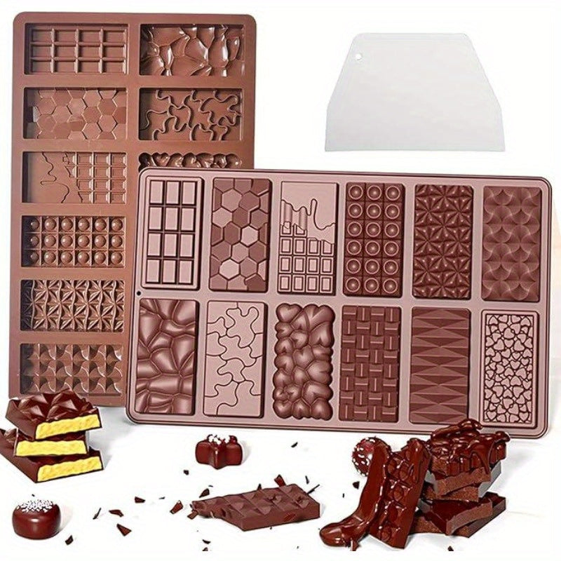 Silicone Chocolate Molds 3 Pack, 12 Cavity Food Grade BPA-Free Non-Stick Chocolate Bar Mold with Scraper, Easy Pop Out Candy Mold