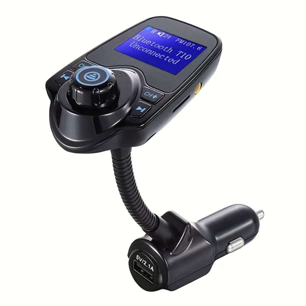 Flexible-Neck Car FM Transmitter with 1.44-Inch Display, Dual USB Ports, AUX Jack and Rotary Control