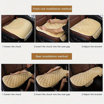 Plush Plaid Car Seat Cushion Set with Memory Foam Fill, Black or Khaki and Front-Pair, Rear-Pad or Three-Piece Options