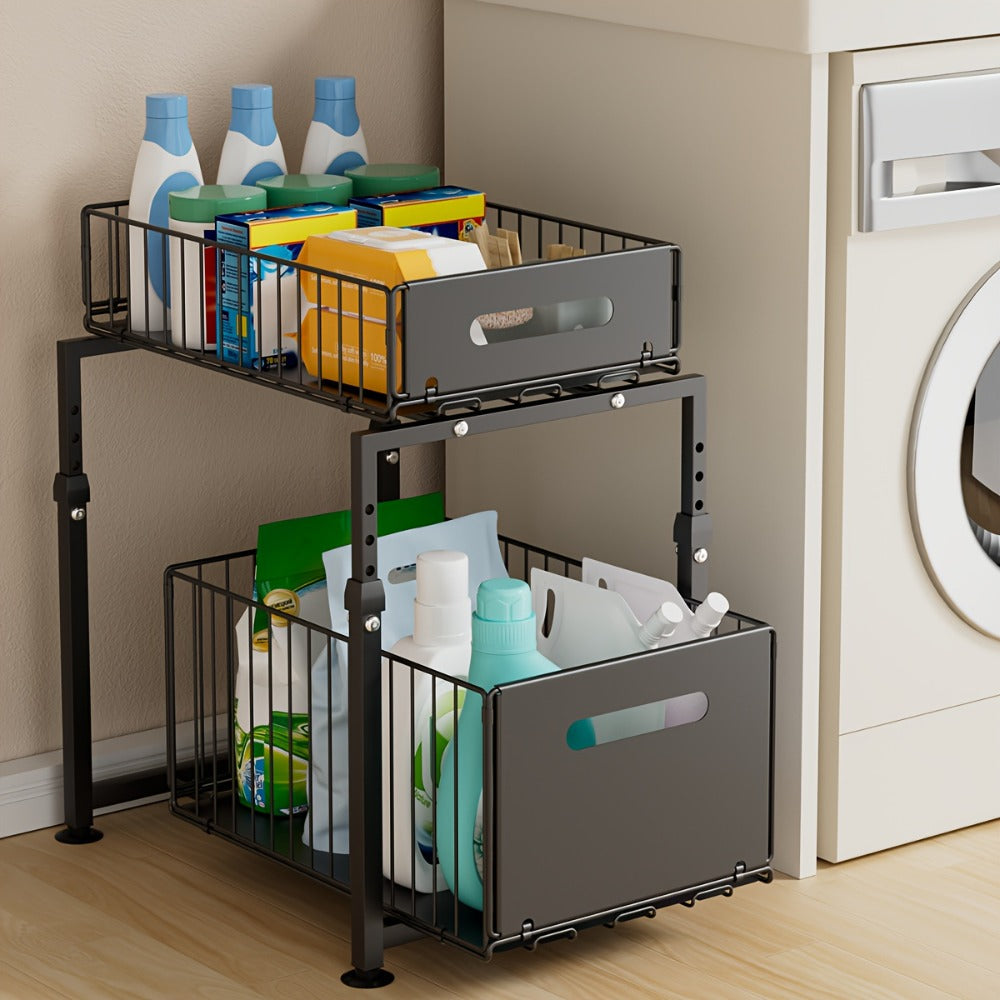 Under Sink Organizer 2-Tier Pull Out – Adjustable Height Carbon Steel Cabinet Storage Shelf for Kitchen and Bathroom