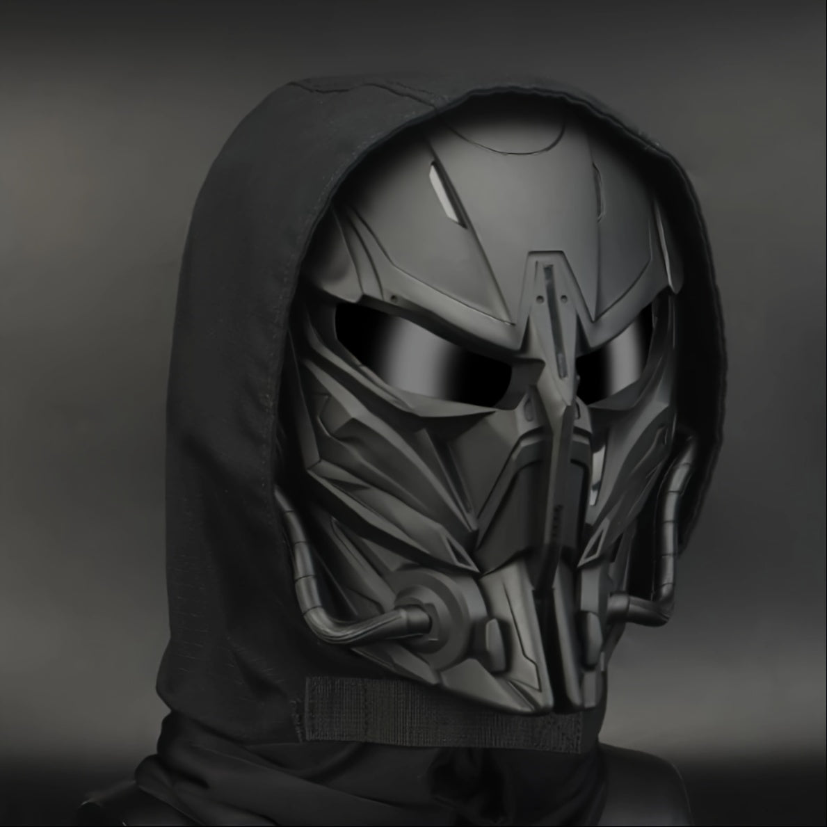 Black Mechanical Costume Mask with Sculpted Lower-Face Panel, Dark Eye Visor and Side Vent Details