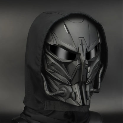 Black Mechanical Costume Mask with Sculpted Lower-Face Panel, Dark Eye Visor and Side Vent Details