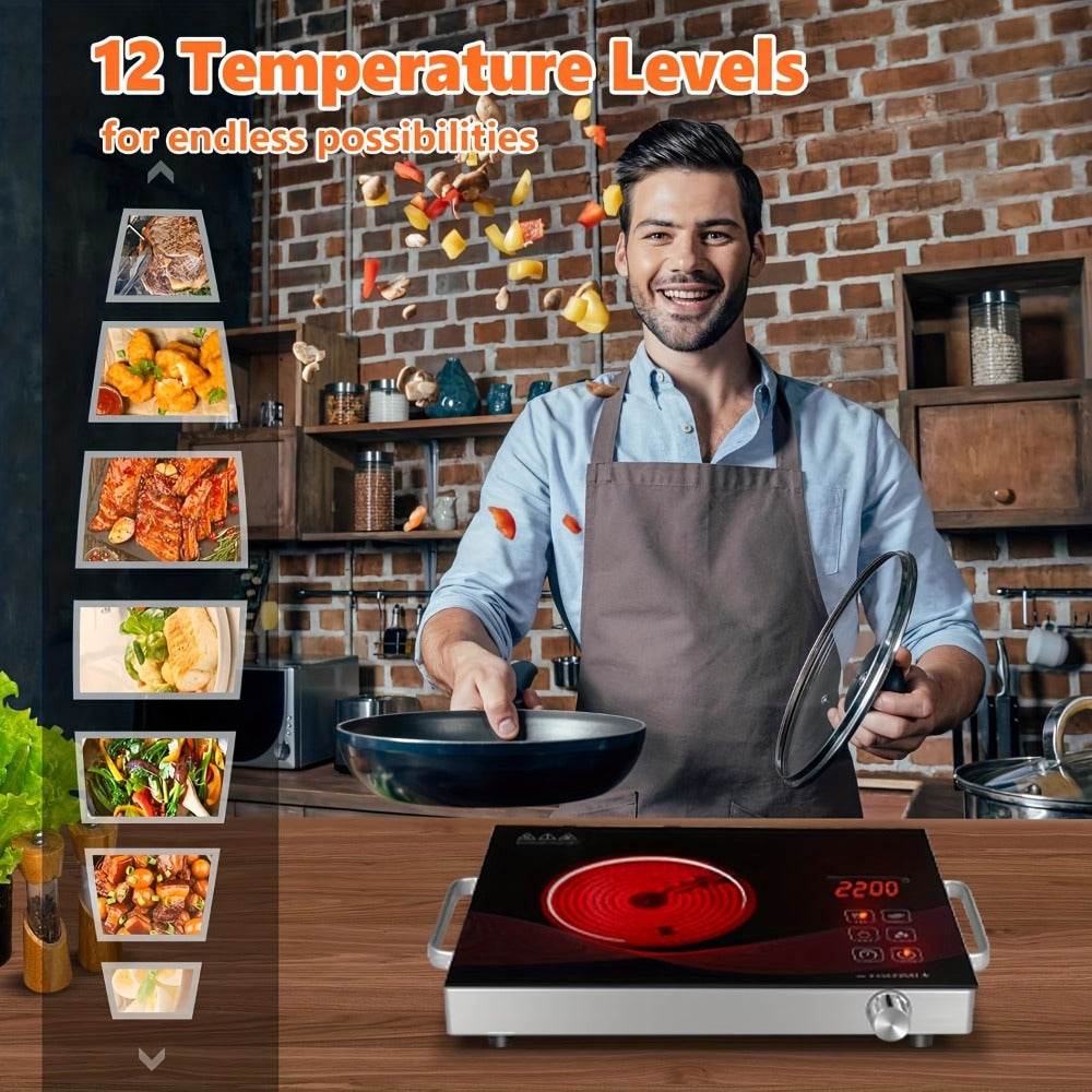 Portable Electric Induction Cooktop 2200W Ceramic Infrared Hot Plate with Adjustable Temperature & Dual Touch Rotation Control
