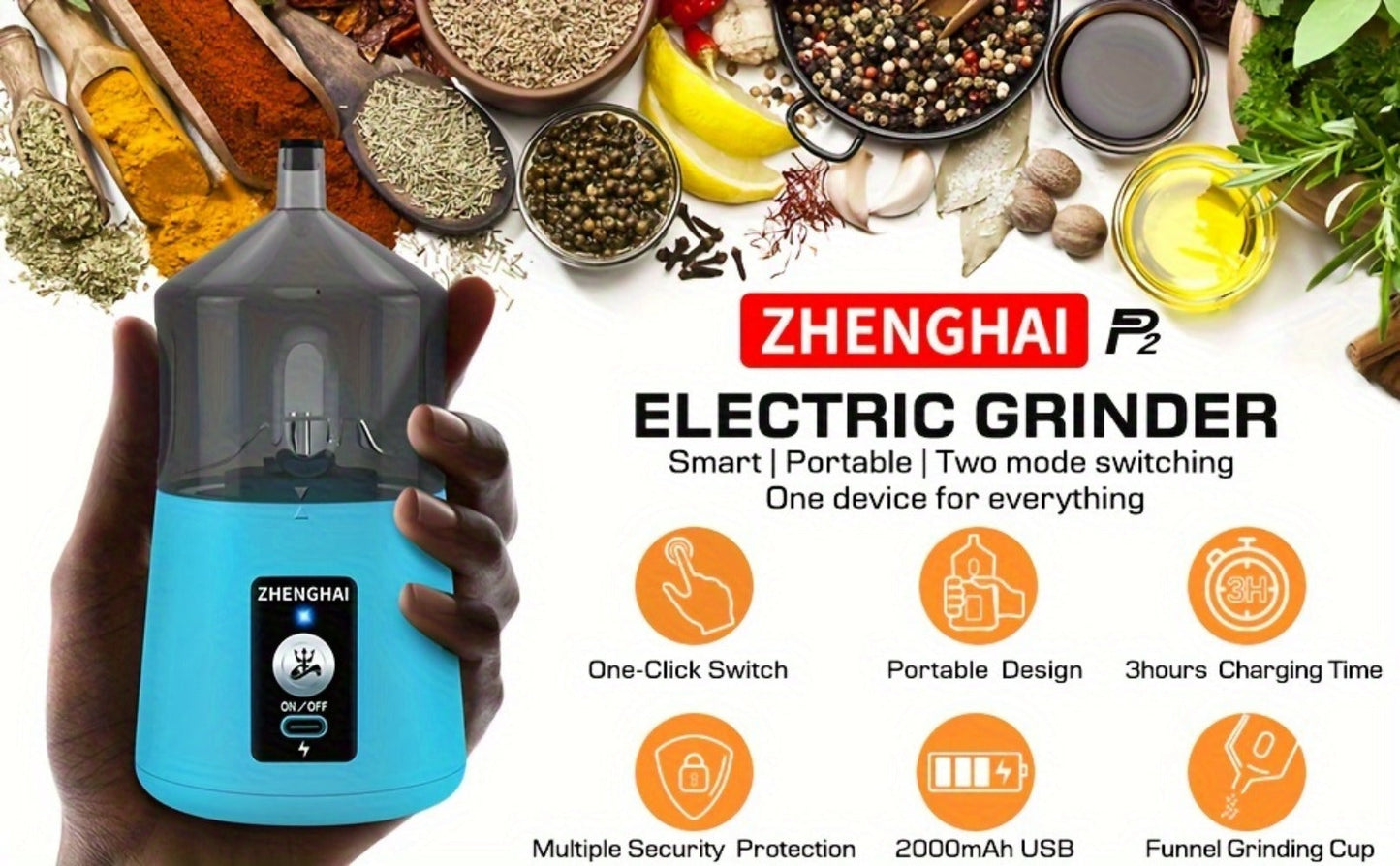 Electric Herb Grinder 150W USB-C Rechargeable - Dual Mode Pulse & Auto, Fast Grinding Dry Spices & Herbs