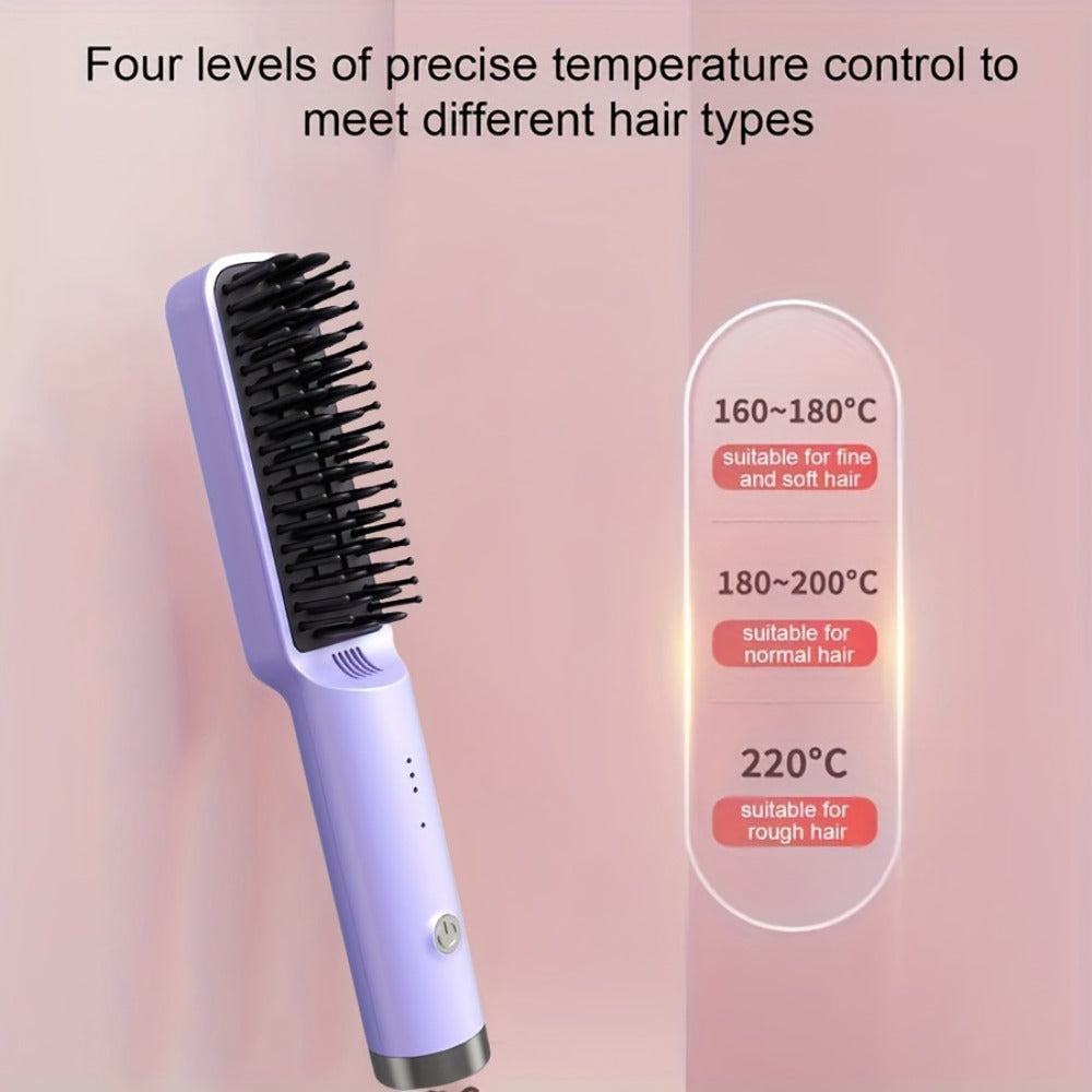 Compact Hair Straightening Brush with Three Color Options, LED Indicators and Three Pictured Heat Levels