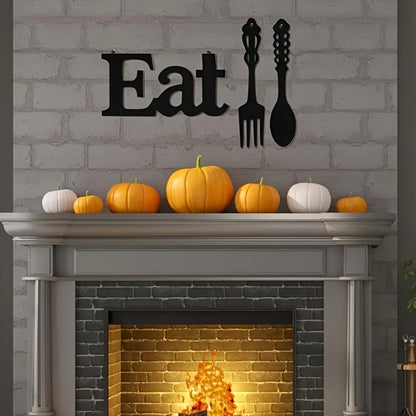 Black Wood EAT Kitchen Wall Decor, Three-Piece Set with Fork, Spoon and 13.8-Inch Letter Sign