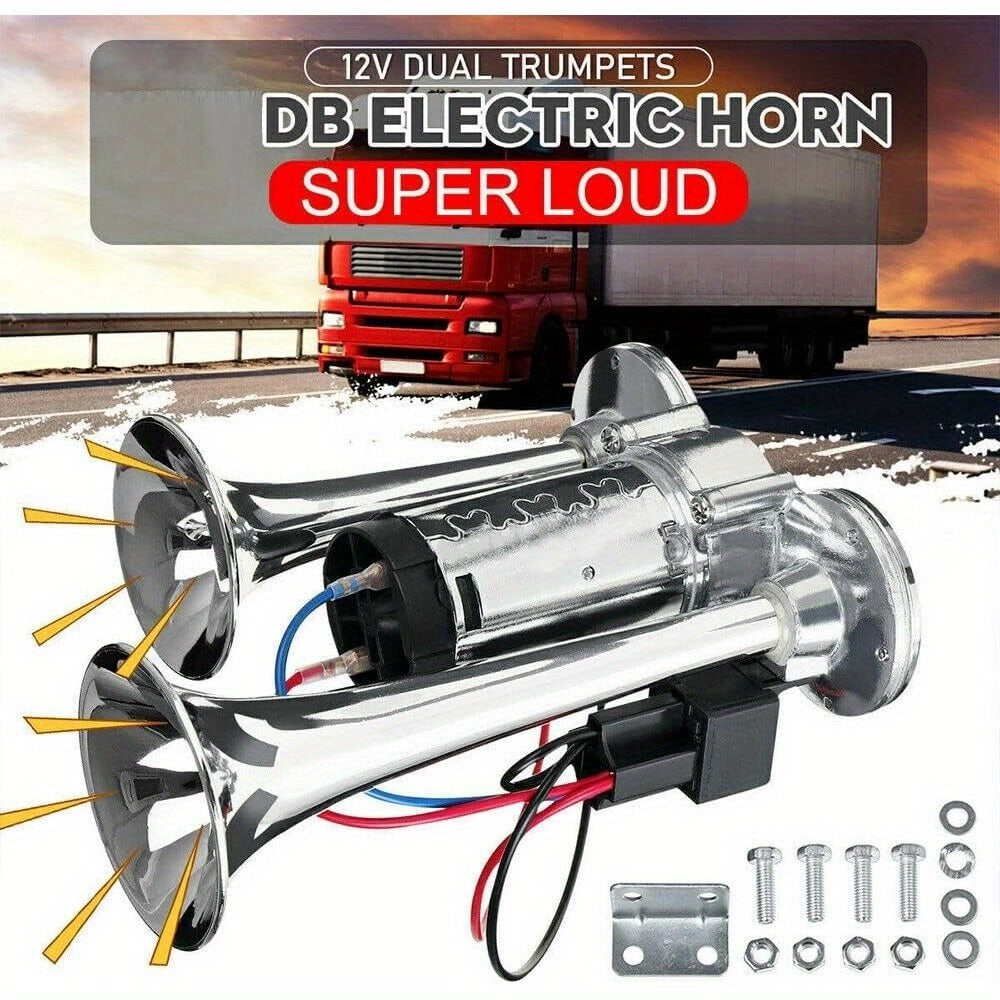 Dual Trumpet Air Horn Kit 12V 110dB – Super Loud Electric Horn with Compressor, Chrome Zinc-Alloy, Universal Fit for Car Truck SUV Boat