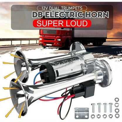 Dual Trumpet Air Horn Kit 12V 110dB – Super Loud Electric Horn with Compressor, Chrome Zinc-Alloy, Universal Fit for Car Truck SUV Boat