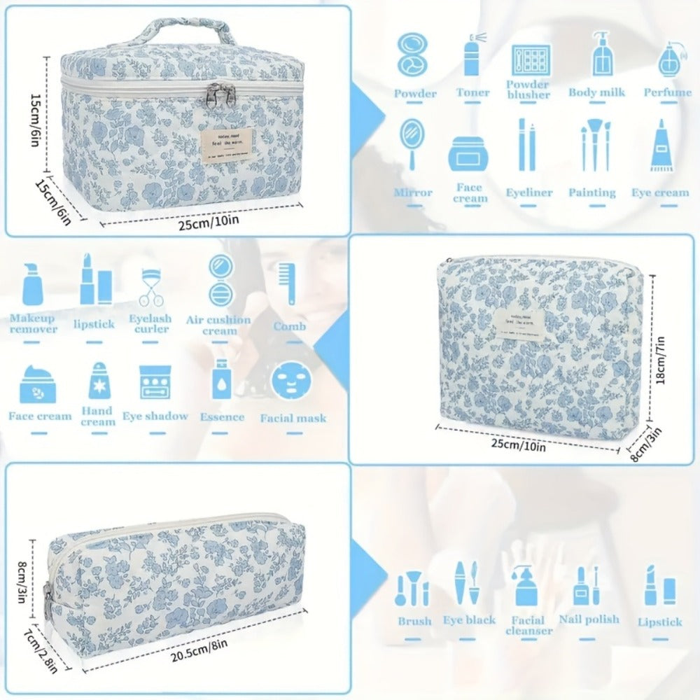 Quilted Makeup Bag Set 3 Pcs Floral Pattern Large Capacity Travel Cosmetic Organizer with Gold Zipper – Polyester Skincare Toiletry Pouch