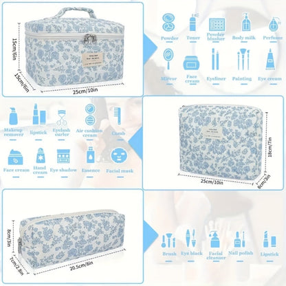 Quilted Makeup Bag Set 3 Pcs Floral Pattern Large Capacity Travel Cosmetic Organizer with Gold Zipper – Polyester Skincare Toiletry Pouch