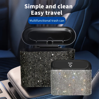 Rhinestone Push-Lid Car Trash Bin with Two Liner Bags, Black or Silver Finish and 16 cm Width