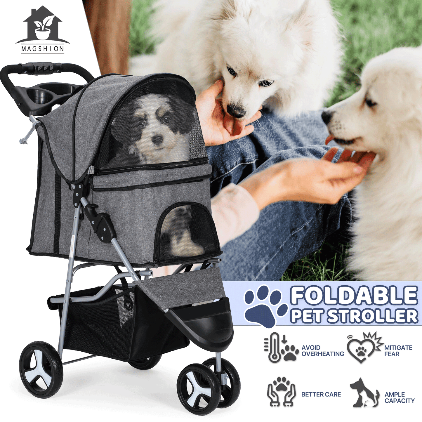 Pet Jogger Stroller 3-Wheel for Small & Medium Dogs & Cats up to 33 lbs – Foldable Oxford Waterproof Dog Cat Pram with 360° Swivel Wheels