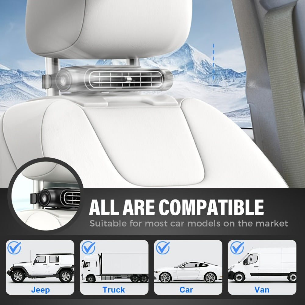 USB Car Seat Fan with Enclosed Air Outlet, Three Speed Settings and White or Black Color Options