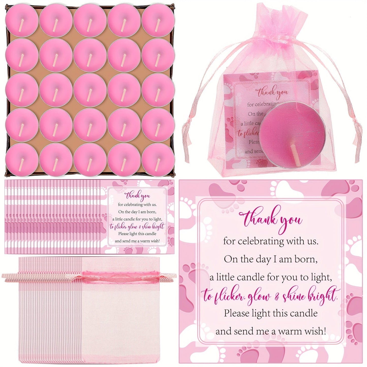 Tealight Candles Party Favor Sets 50 Pack with Gift Bags and Cards - Unscented Paraffin Wax for Parties, Celebrations and Guest Favors