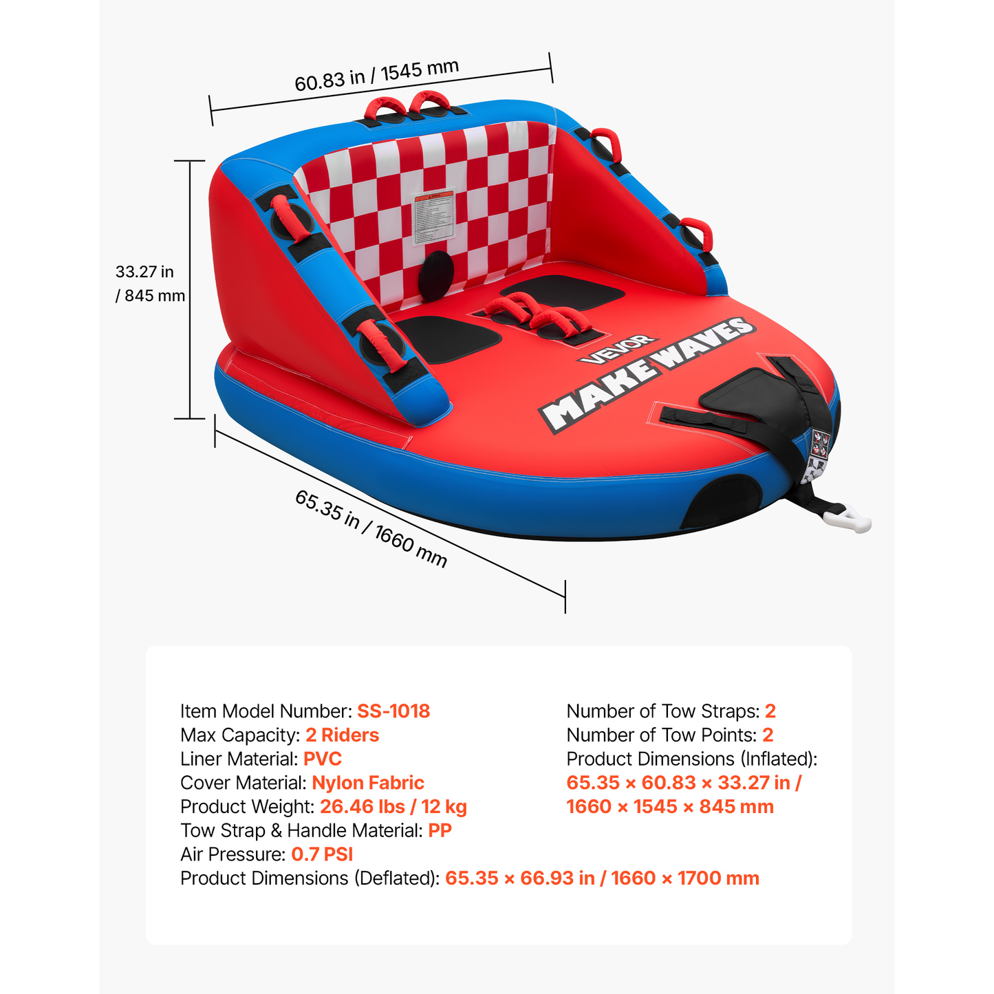 Towable Tube for Boating 2-Person – 340 lbs Inflatable D-Shape Boat Tube with Full Nylon Cover, Dual Tow Points