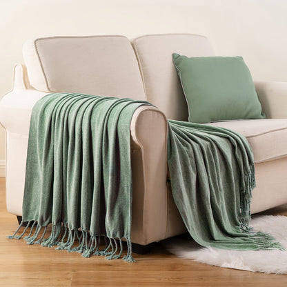 Chenille Fringe Throw Blanket, 180-200gsm Velvety Decorative Throw for Sofa & Couch, Home Decor, 50”×60”