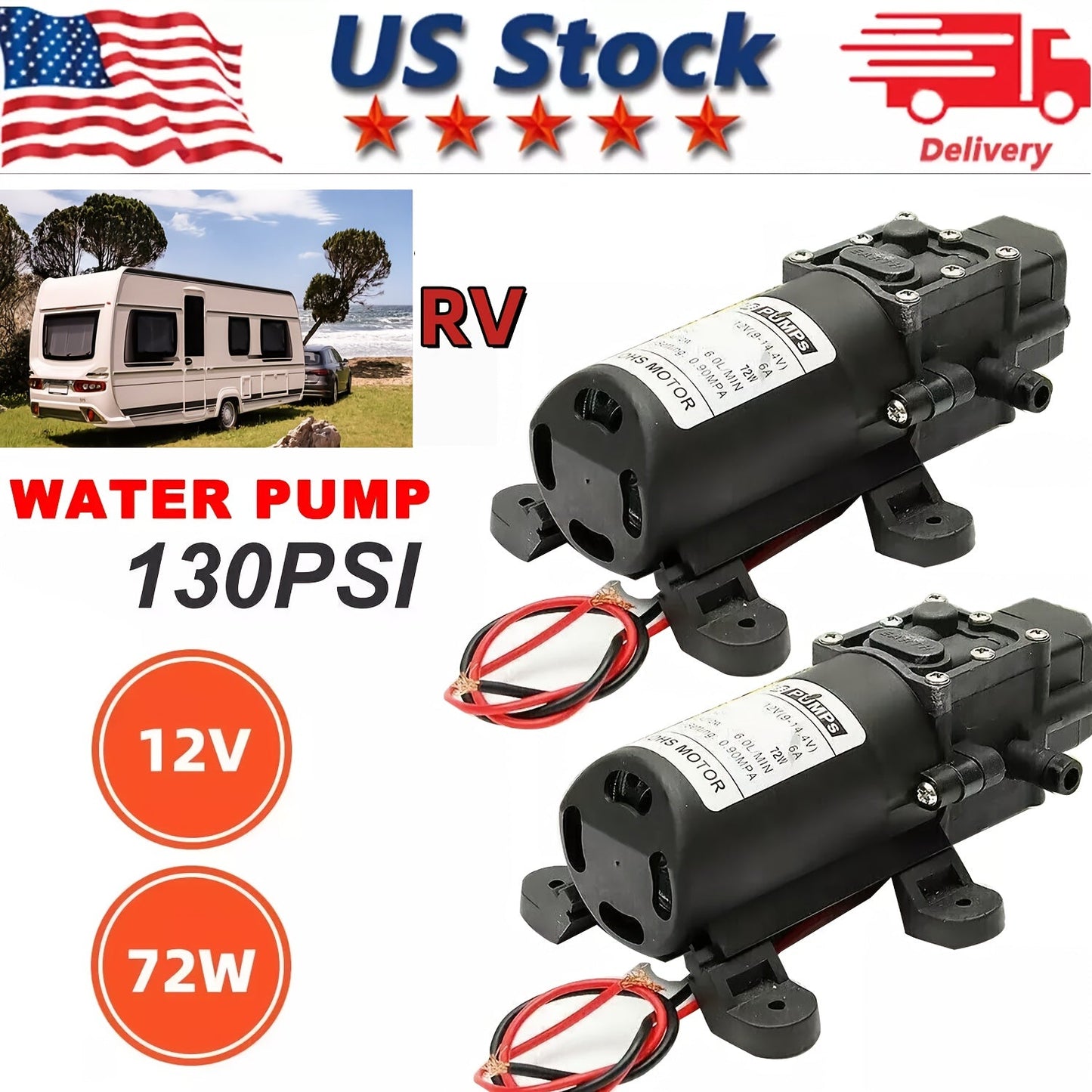 12V Self-Priming Water Pump 130PSI – High Pressure Portable Electric Pump for Car Wash, RV, Camper Van & Water Pressurization (1/2/3 Pack)