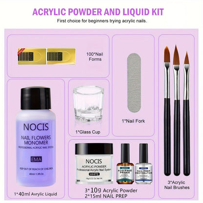 Acrylic Nail Kit NOCIS Clear, Pink and White Powders with Q Monomer, Primer, Brush Cleaner and Four Brushes