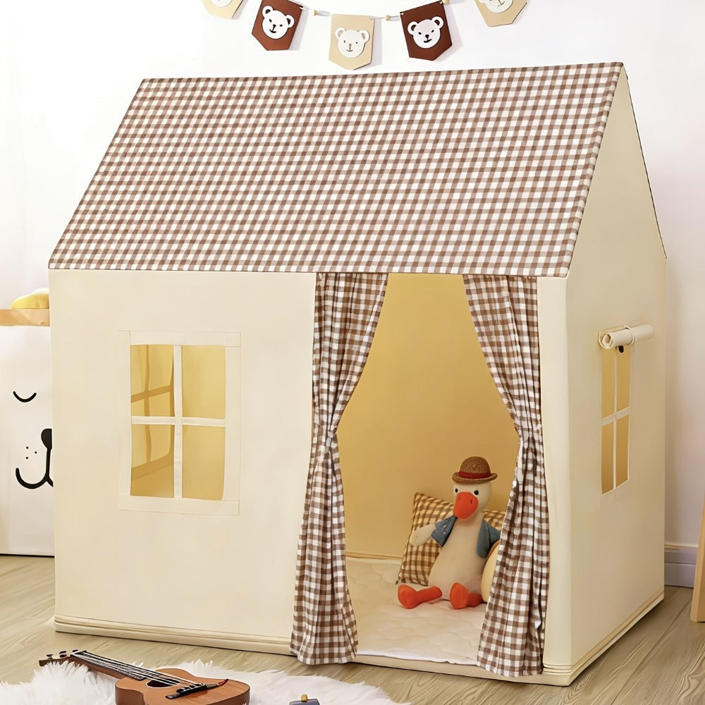 Brown Gingham Cabin Kids Play Tent with 130 x 120 x 106cm Frame, Three Windows and Storage Pouch