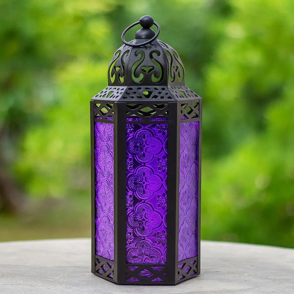 Moroccan Candle Lantern Holder - Decorative Metal & Glass Lantern with Embossed Floral Design for Indoor Home Decor
