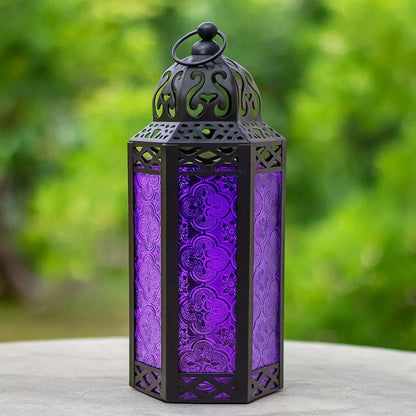 Moroccan Candle Lantern Holder - Decorative Metal & Glass Lantern with Embossed Floral Design for Indoor Home Decor