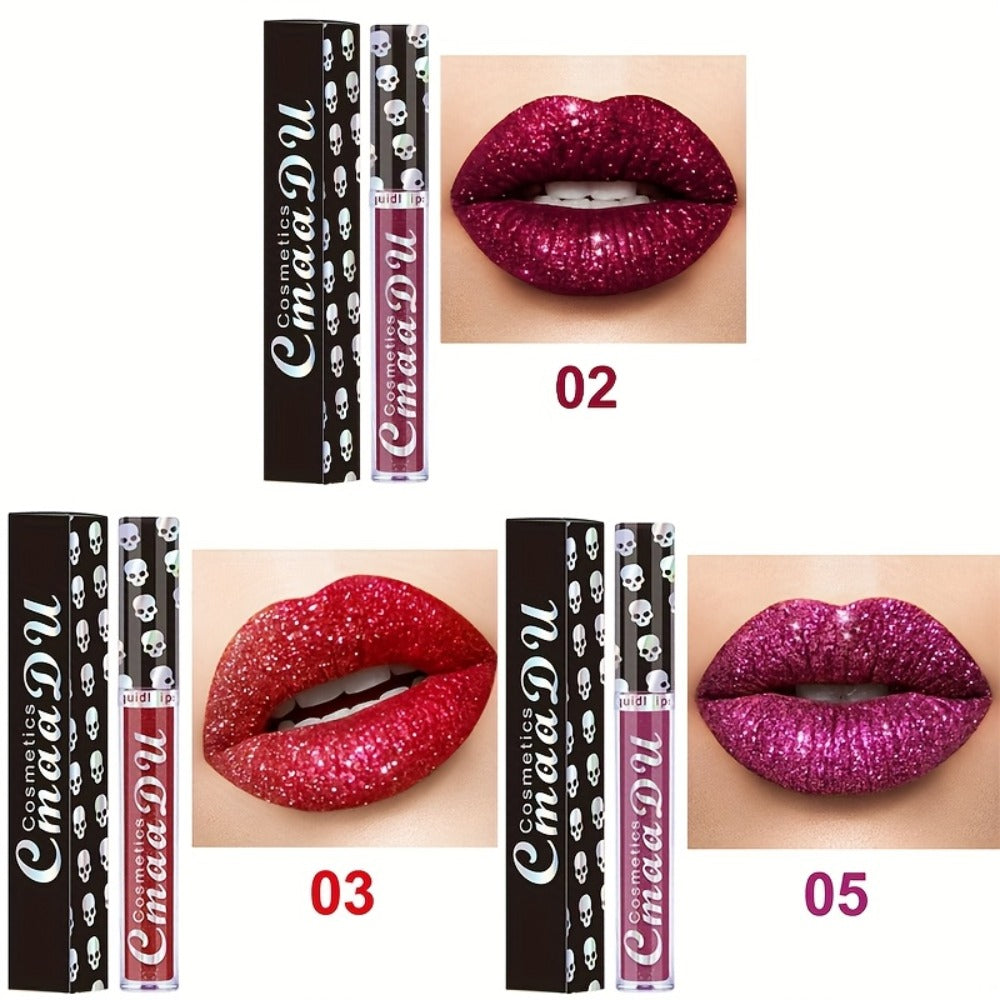 Glitter Lip Gloss Set 3pcs Skull Design Shimmer Liquid Lipstick Long Lasting Easy Remove Bold Shiny Lip Color for Music Festival Rave Party