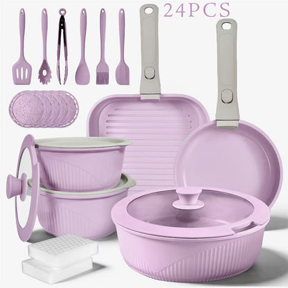 Detachable-Handle Cookware Set in 5-, 7- or 24-Piece Configurations with Stackable Pots, Pans and Lids