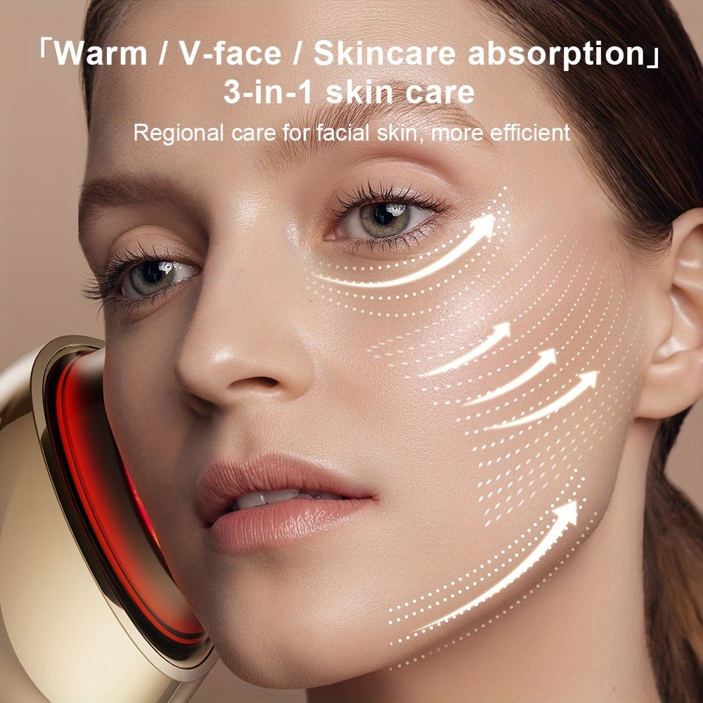 EMS Face Massager, 3-in-1 LED Light Therapy, Heat & EMS, USB Rechargeable Portable Facial Beauty Device for