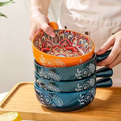 Ceramic Bowl Set with Lids 8-Piece Bohemian Soup Noodle Salad Bowls, for Home Cooking, Dining and Outdoor Meals