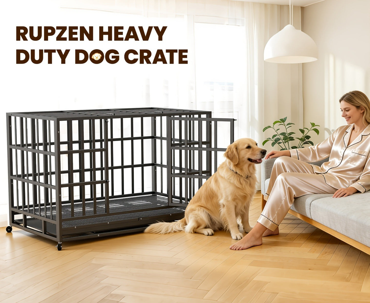 Heavy Duty Escape-Proof Dog Crate with Wheels & Removable Tray – Double Door Indoor Kennel for Large & XL Dogs | 42IN & 48IN