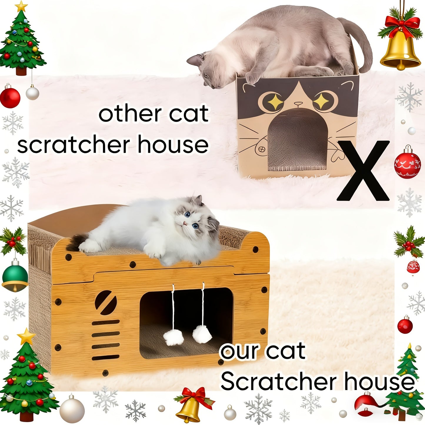 Large Cat House with Scratcher Pad & Plush Ball Toys, Ventilated Multi-Functional Indoor Outdoor Cat Shelter