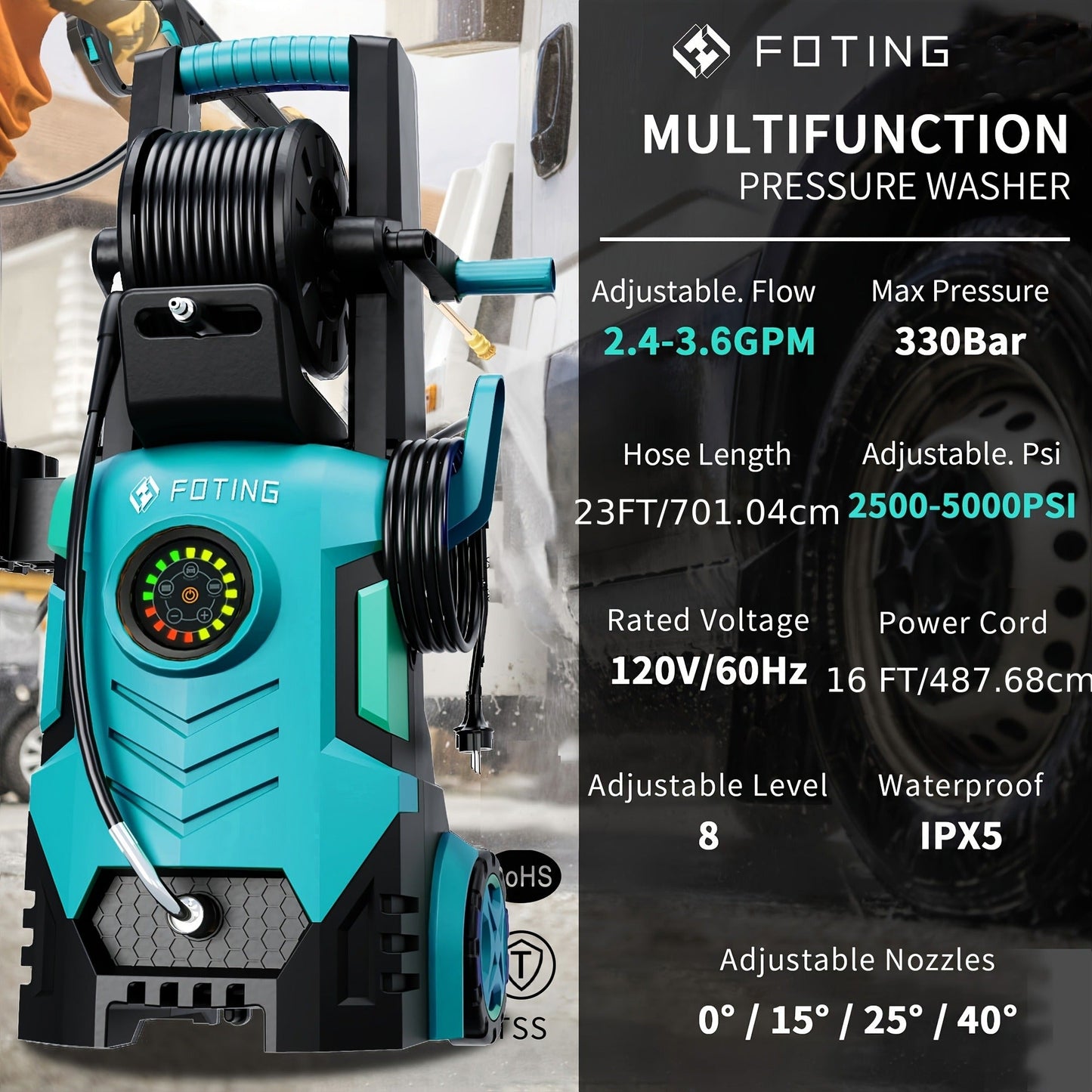 Pressure Washer 5000PSI Electric Power Washer 2.4-3.6GPM Adjustable 8-Level Touch Screen 34" Tall for Garden, Patio and Yard Use