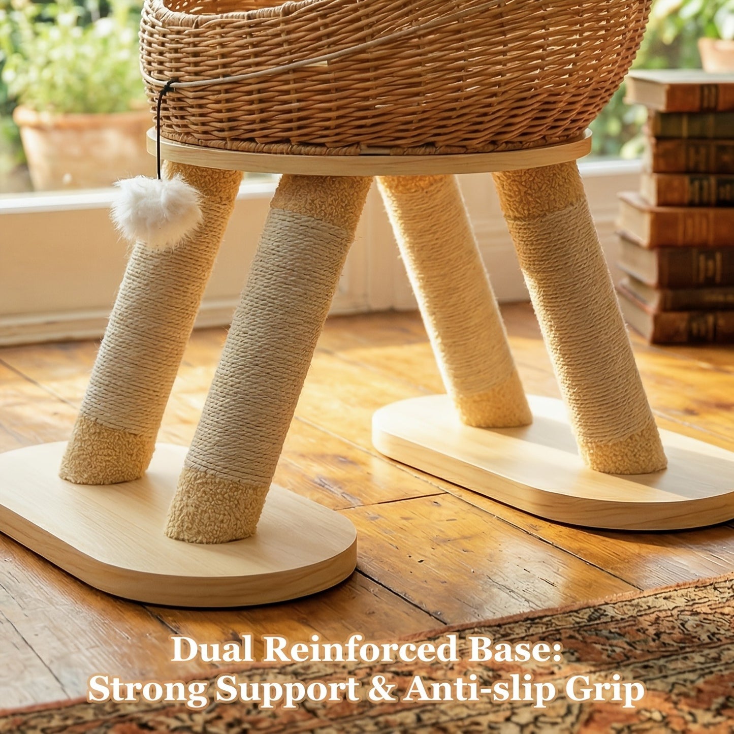 Dinosaur Cat Tree Tower 46 Inch – Large Rattan Cat House with 4 Sisal Scratching Posts, Wicker Bed & Removable Mat