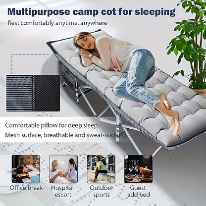 Folding Camping Cot with 74 x 30 Inch Plaid Mattress Checkout Label, Carry Bag and Side Storage Pocket