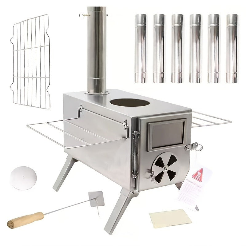 Portable Wood Stove with Chimney Pipe Set, Folding Legs, Side Shelves and Silver or Black Finish Options