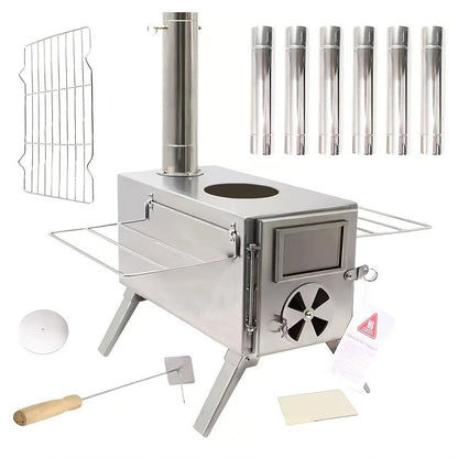 Portable Wood Stove with Chimney Pipe Set, Folding Legs, Side Shelves and Silver or Black Finish Options